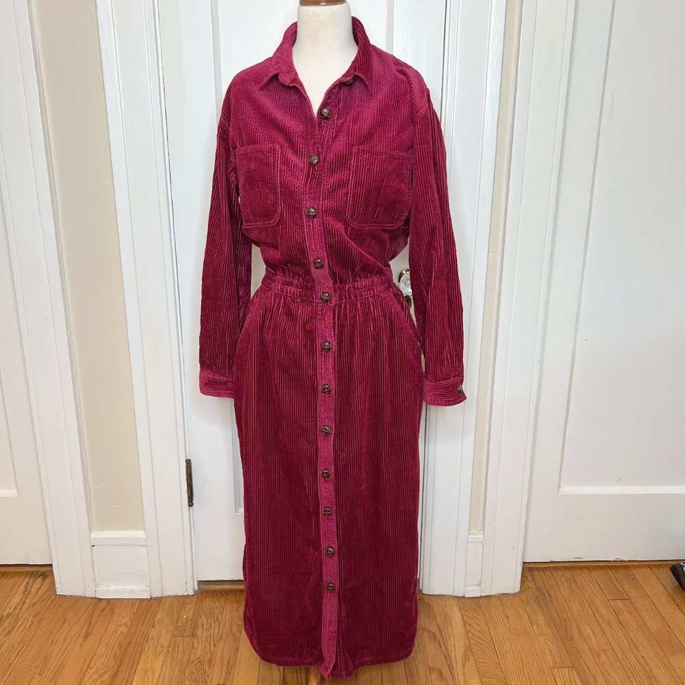 JG Hook Vintage Corduroy Button Font Shirt Dress Elastic Waist- 12